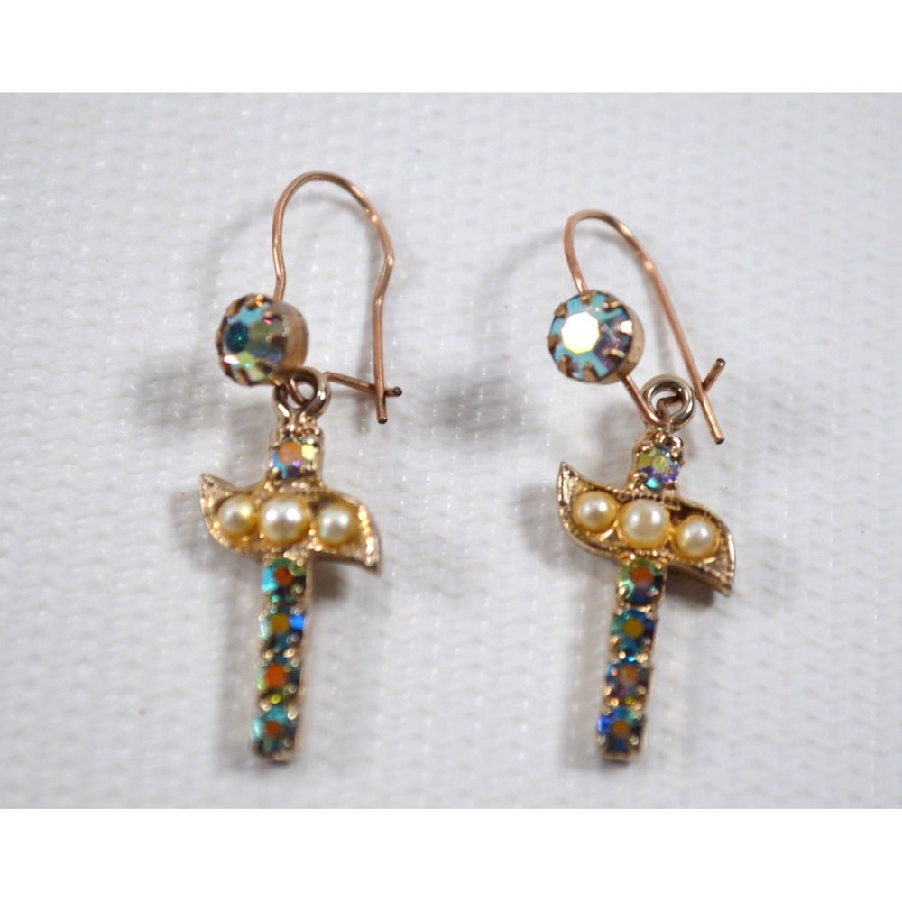 Gold Tone Dangle Drop Pierced Cross Earrings w/ Faux Pearls  Aurora Borealis